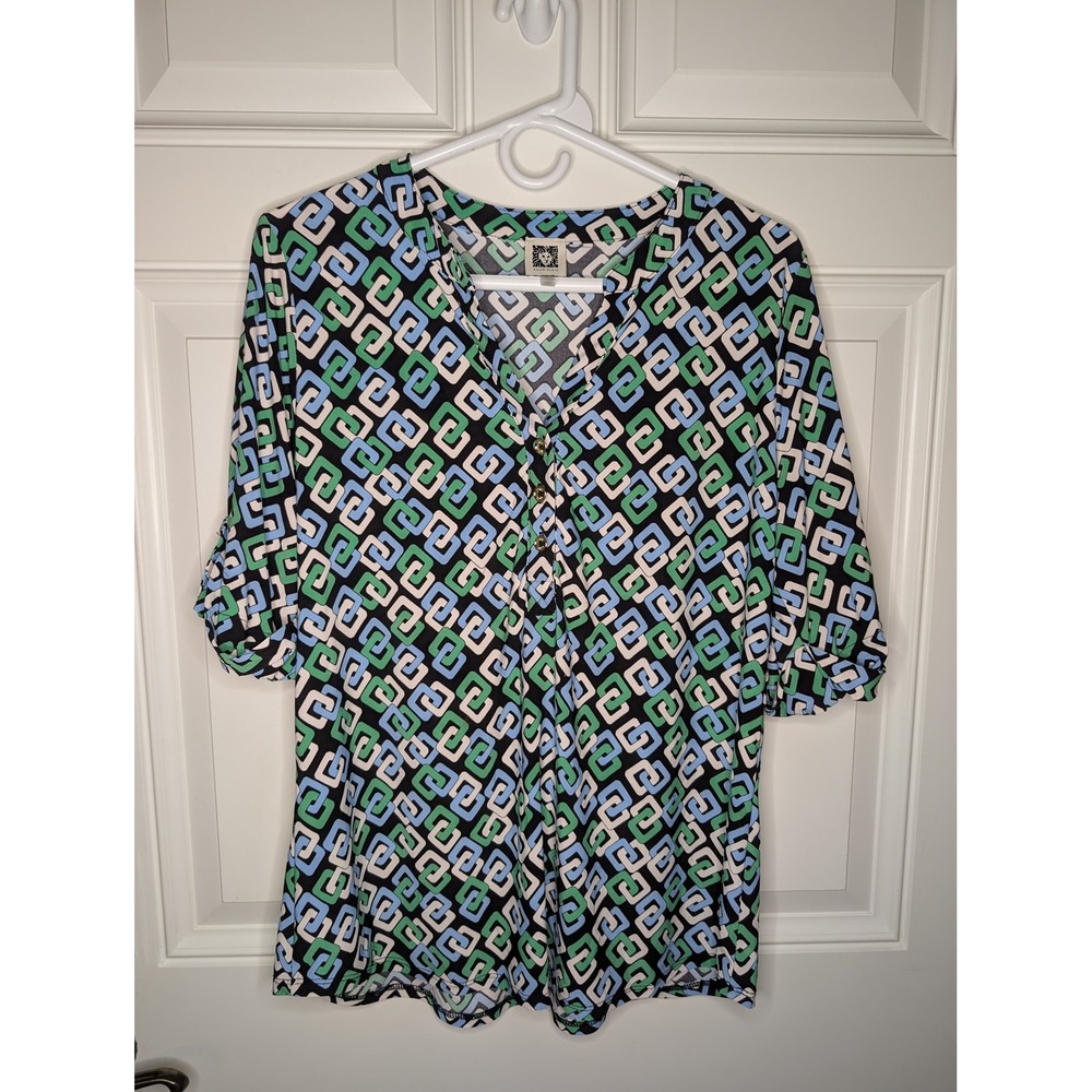Anne Klein Women's Large Blouse V Neck Geometric Print Blue Green V neck